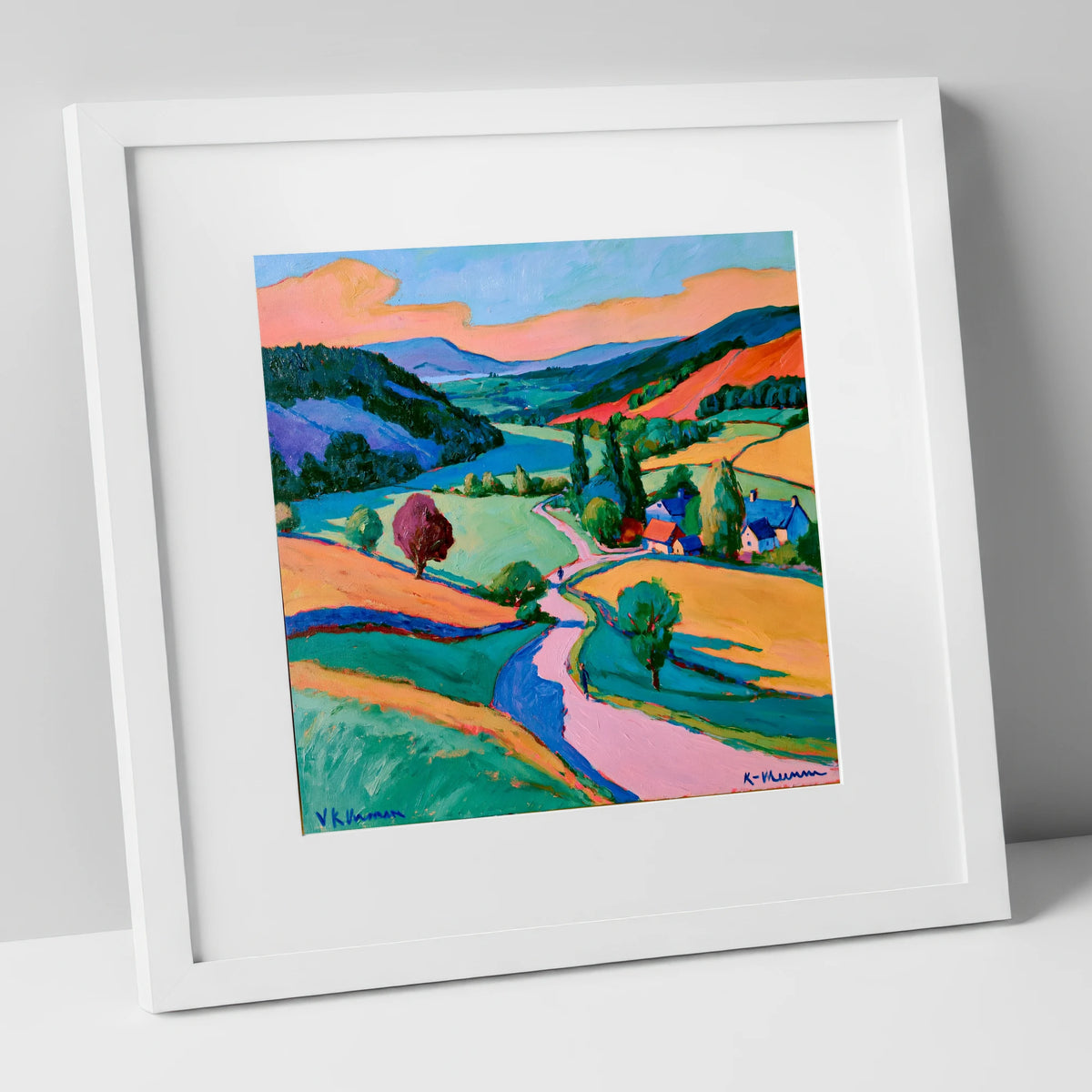 Vibrant Valley Between The Fells lake district valley art print in white frame