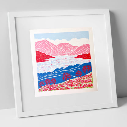 Bold Pink Fells Above Ennerdale lake district valley art print in white frame