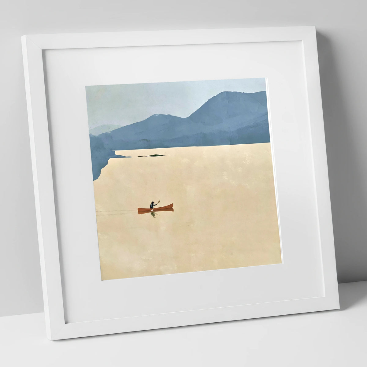Solo Canoeist on a Golden Lake lake district walking art print in white frame