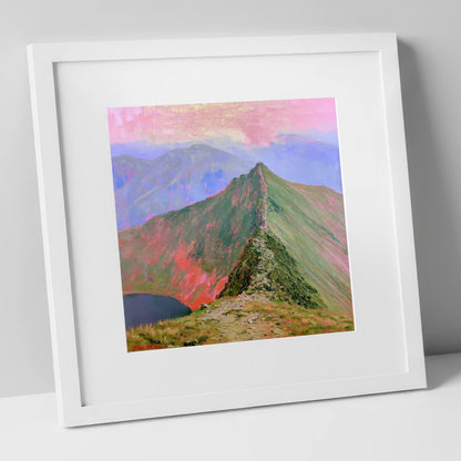 Striding Edge Beneath a Pink Sky lake district walking art print in white frame