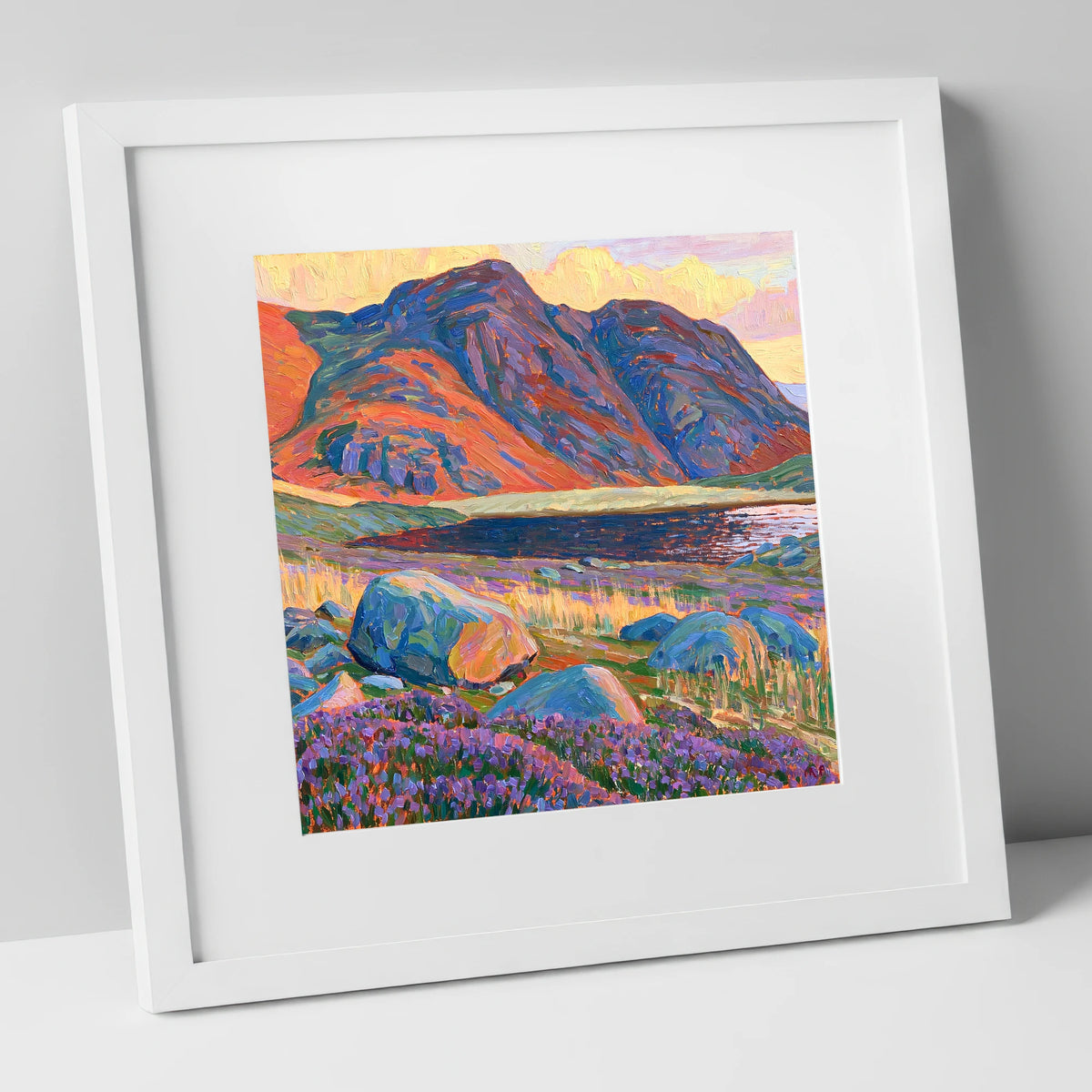 Haystacks in Fiery Light lake district fell art print in white frame