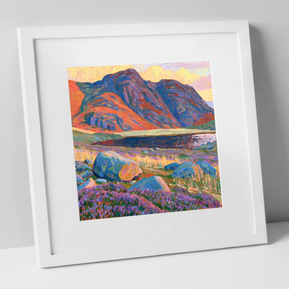 Haystacks in Fiery Light lake district fell art print in white frame