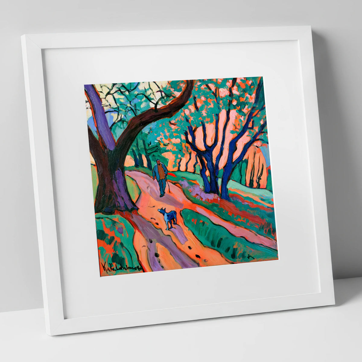 Vibrant Ambleside Woodland Dog Walk gifts for dog walkers art print in white frame