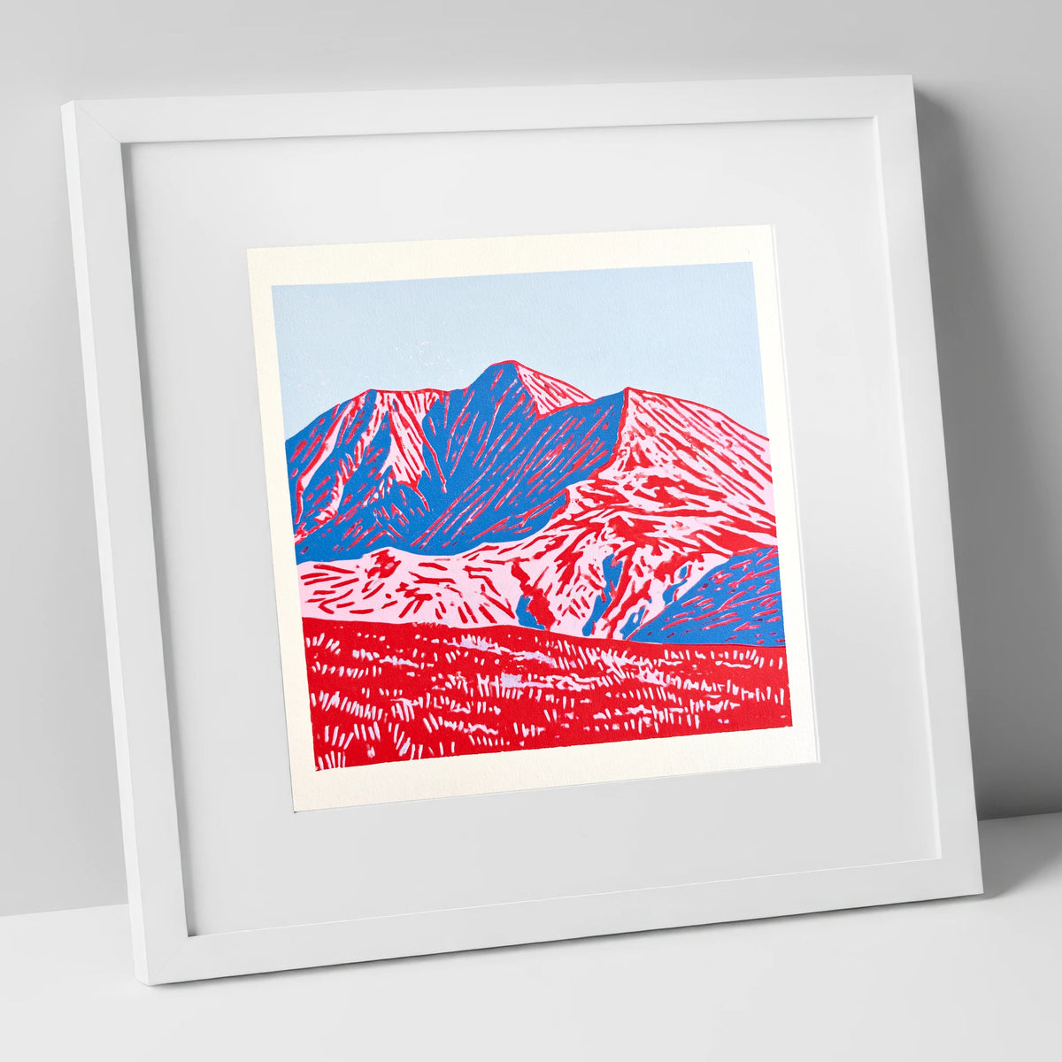 Graphic Red and Blue Helvellyn lake district fell art print in white frame