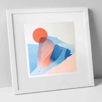 Great Gable in Coral and Blue lake district fell art print in white frame