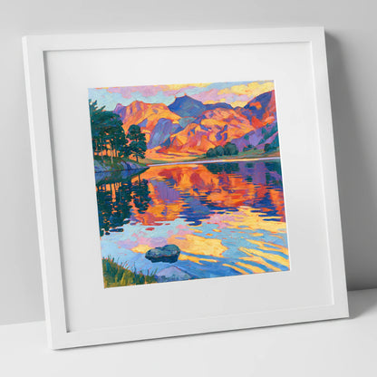 Vibrant Sunset Glow over Mountain Fells lake district lake art print in white frame