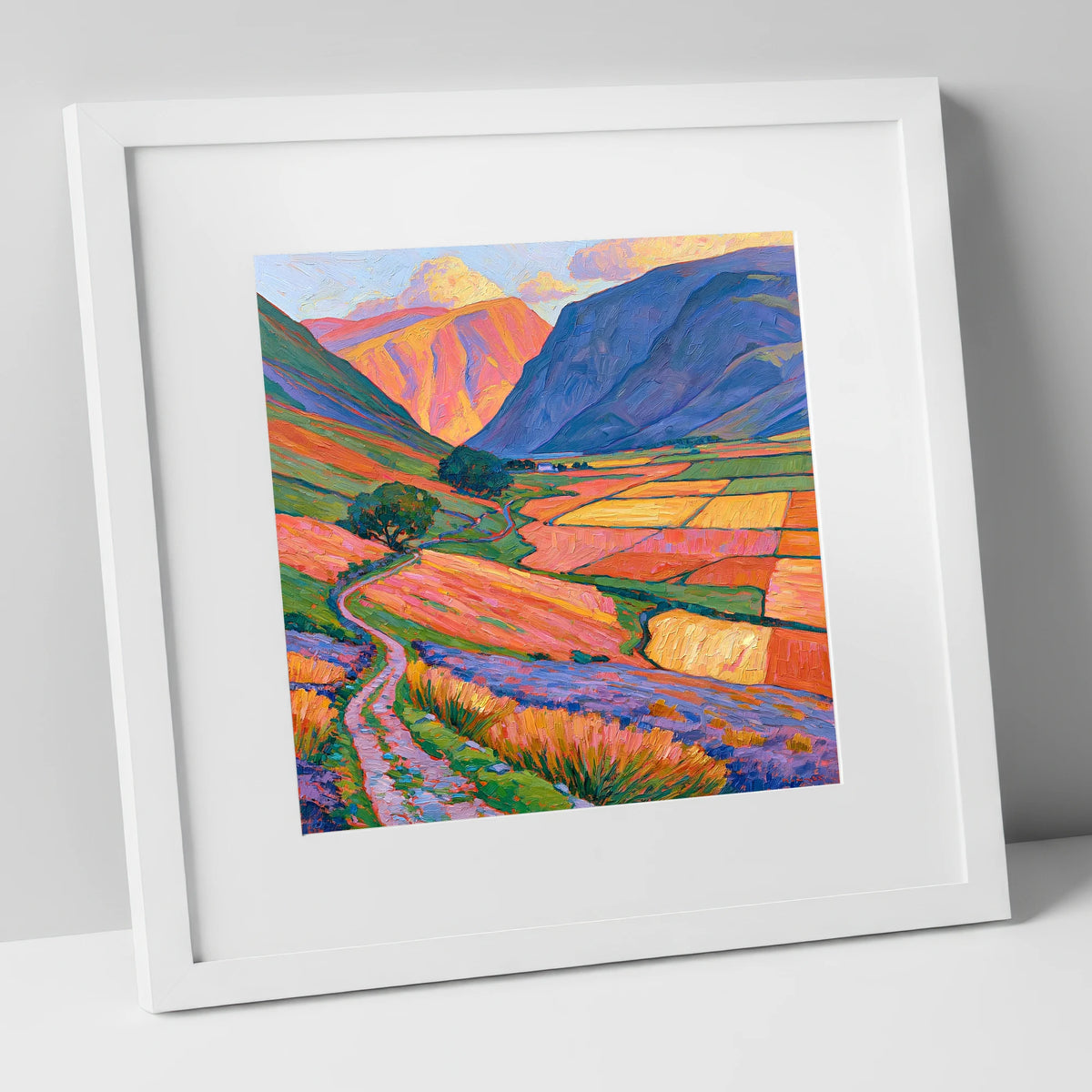 Sunlight on Patchwork Valley Fields lake district valley art print in white frame