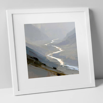 Winding River in Misty Valley lake district waterfall art print in white frame