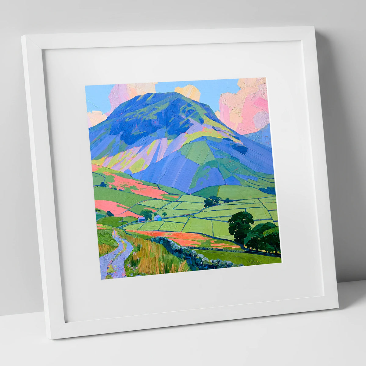Great Gable Above Vibrant Pastures lake district fell art print in white frame