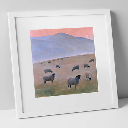 Herdwick Sheep on Pastel Fells lake district wildlife art print in white frame
