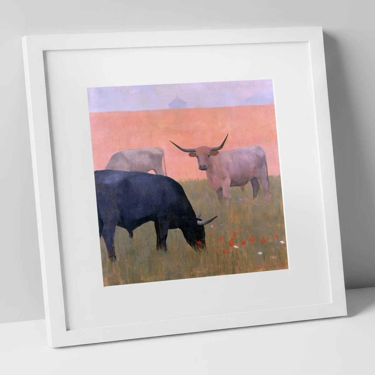 Highland Cattle in Pastel Light lake district wildlife art print in white frame