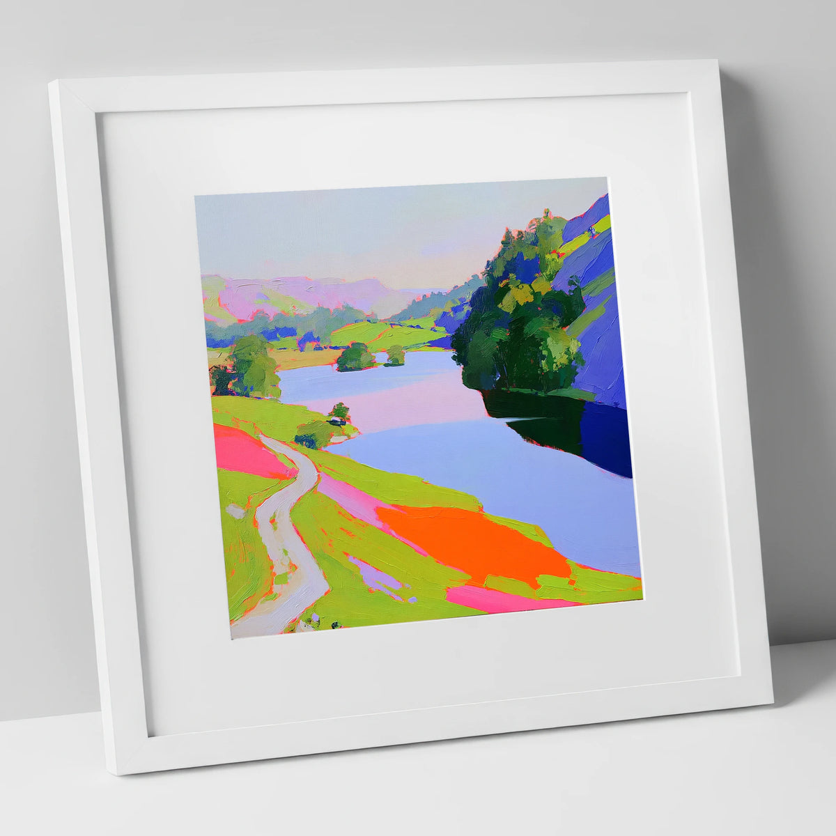 Vibrant Path by Rydal Water lake district lake art print in white frame