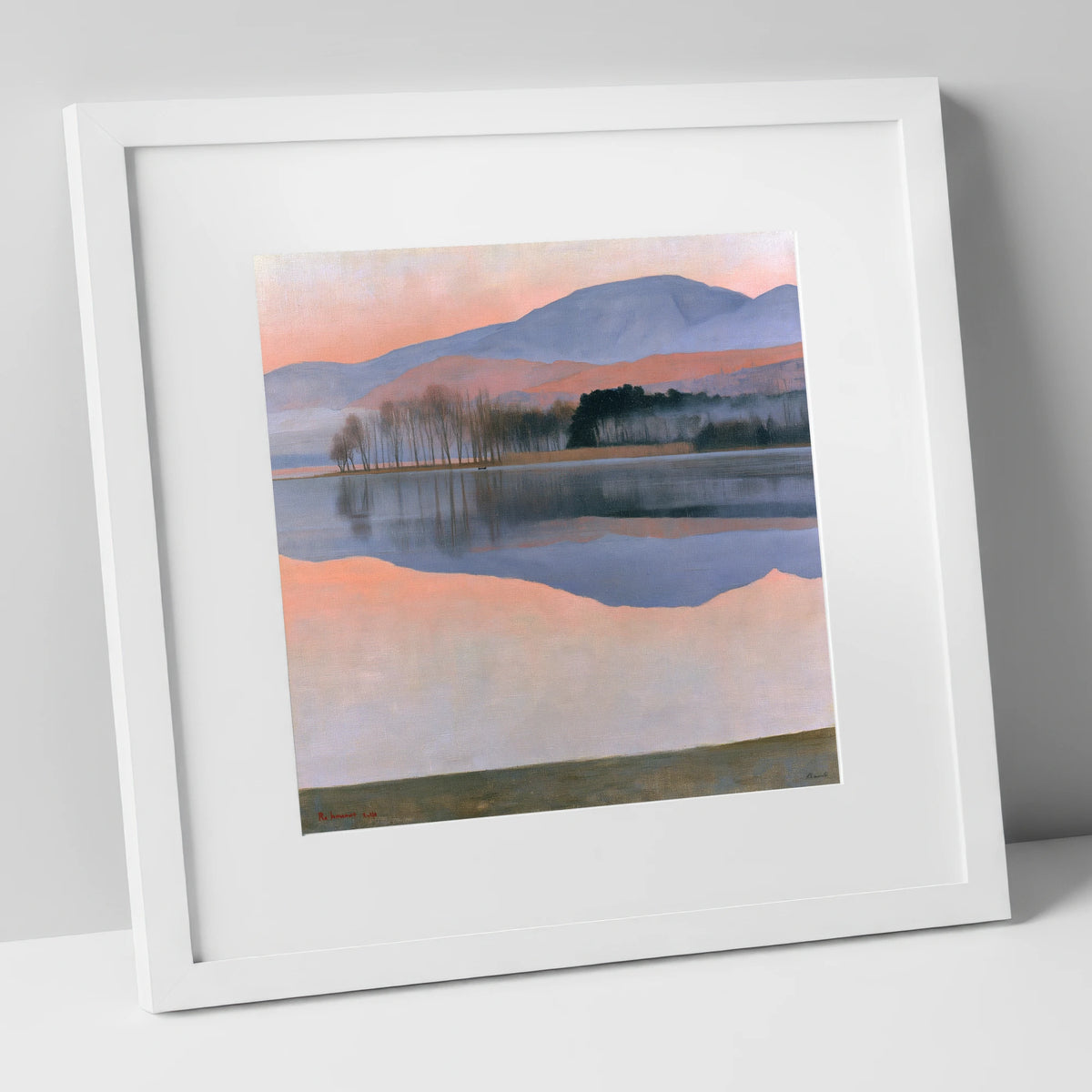 Pastel Dawn Lake Reflection lake district lake art print in white frame