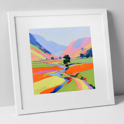 Bright Lakeland Valley Mist lake district sky art print in white frame
