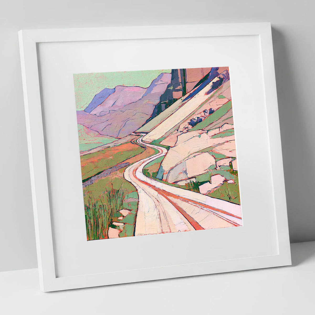 Vibrant Winding Mountain Pass lake district valley art print in white frame