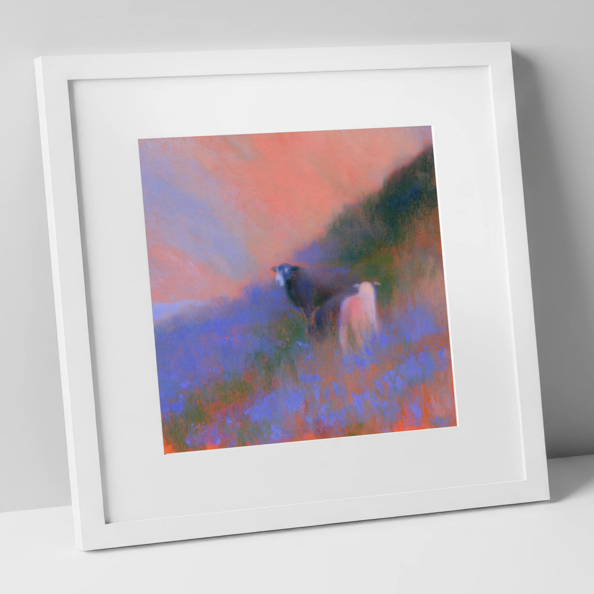 Twilight Herdwicks on the Fell lake district wildlife art print in white frame