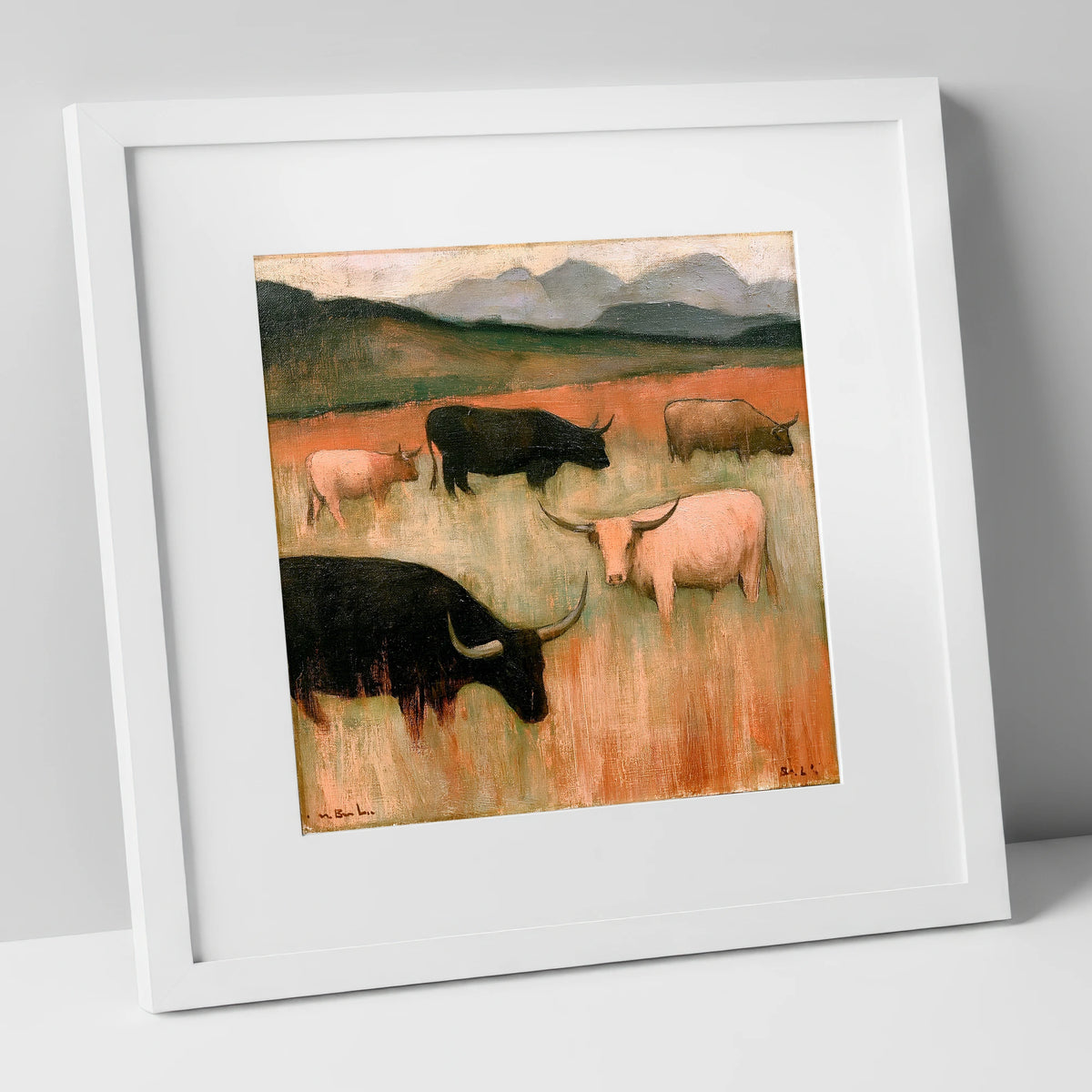 Highland Cattle on Warm Fells lake district wildlife art print in white frame