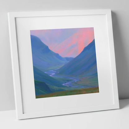 River Valley in Pink Twilight lake district waterfall art print in white frame