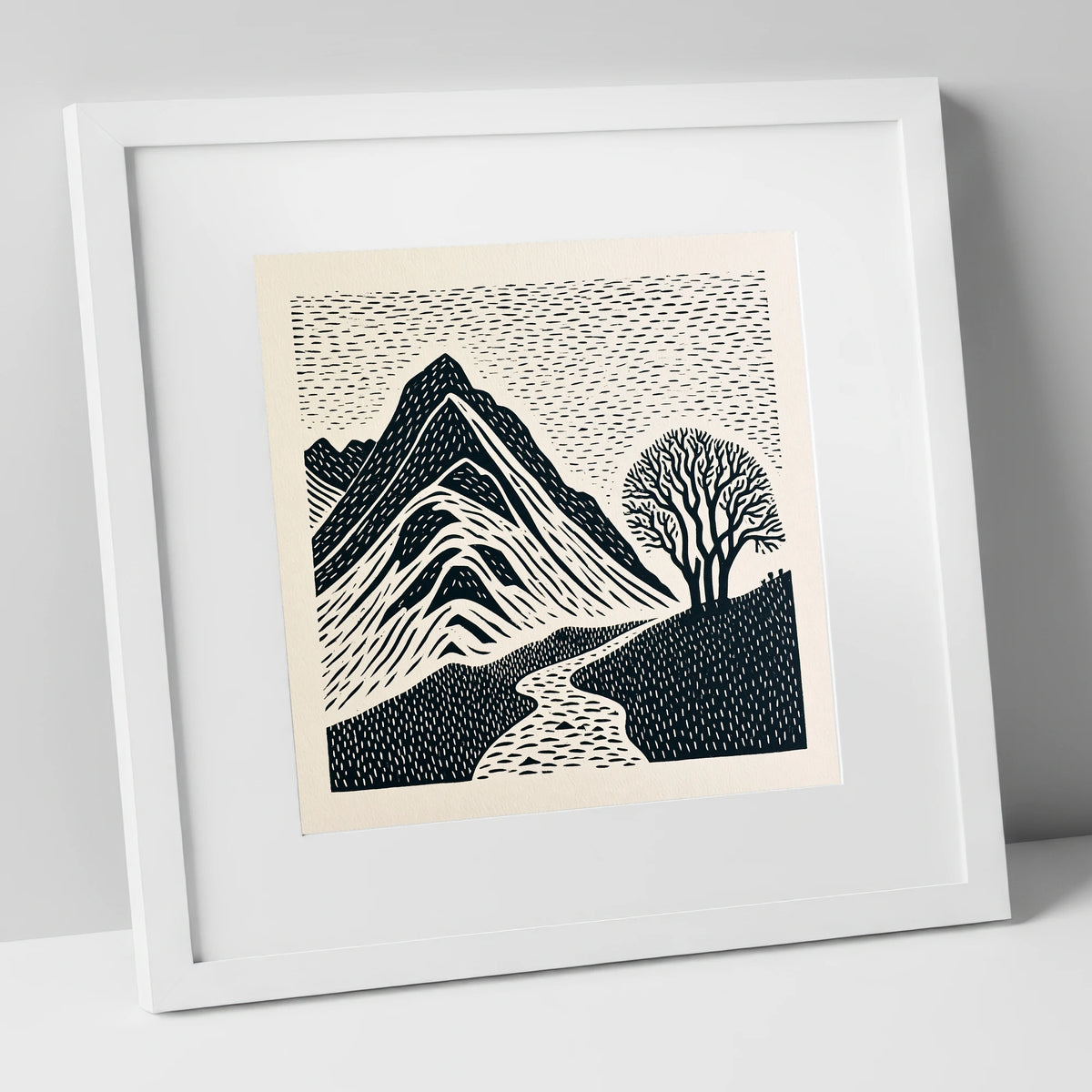 Graphic Bowfell and Lone Tree lake district fell art print in white frame