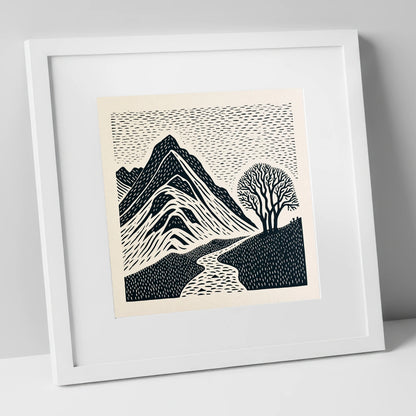 Graphic Bowfell and Lone Tree lake district fell art print in white frame