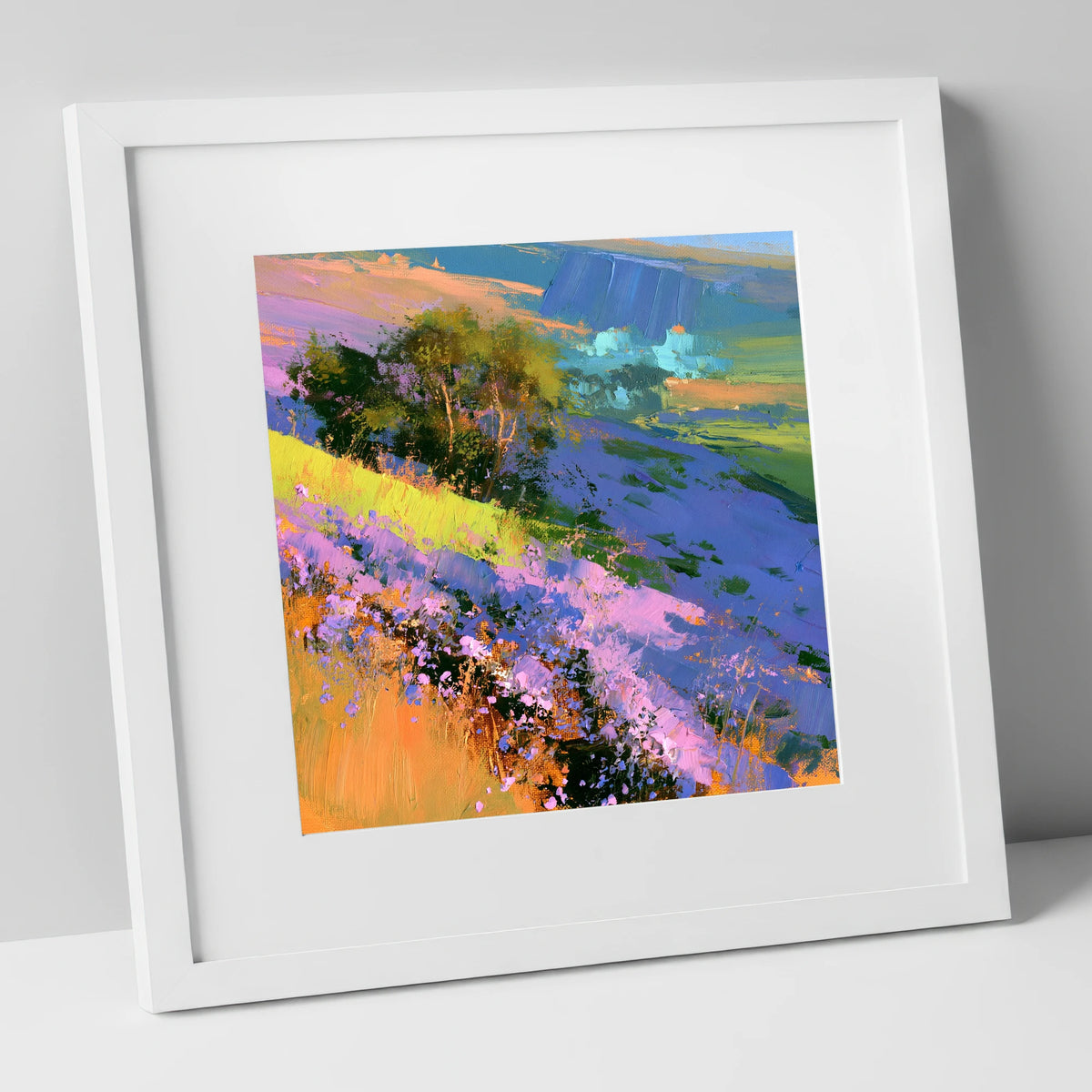 Vibrant Heather Fellside in Bloom flowers & fellsides art print in white frame