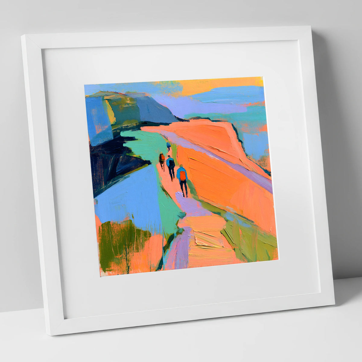 Walkers on Bright Mountain Path lake district walking art print in white frame