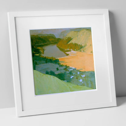 Glenridding and Ullswater Apricot Light lake district village art print in white frame