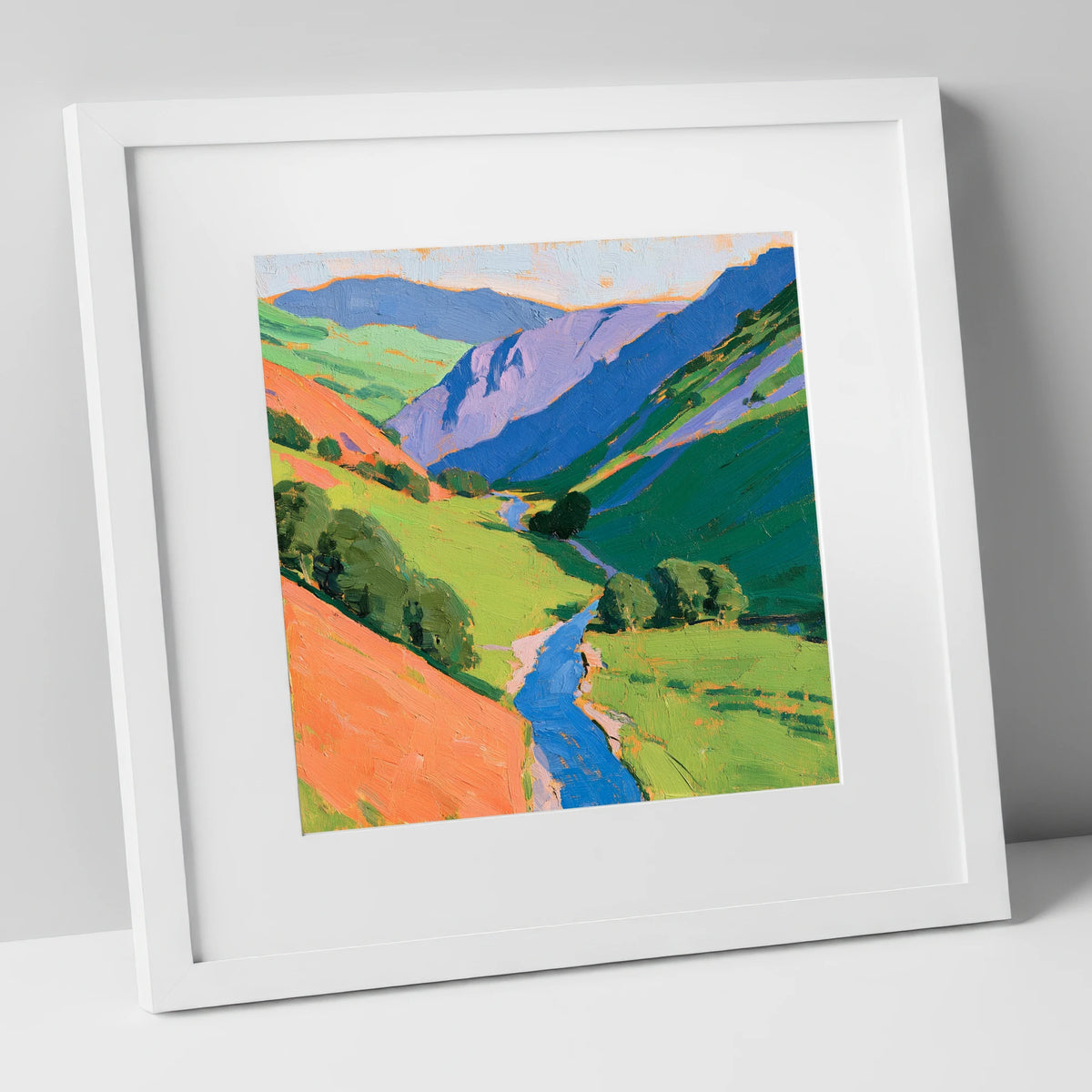 Cobalt River In Green Valley lake district valley art print in white frame