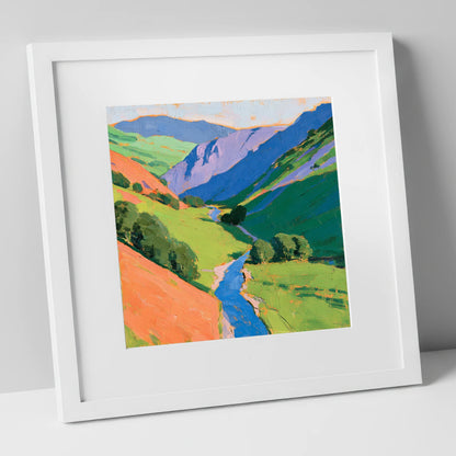 Cobalt River In Green Valley lake district valley art print in white frame