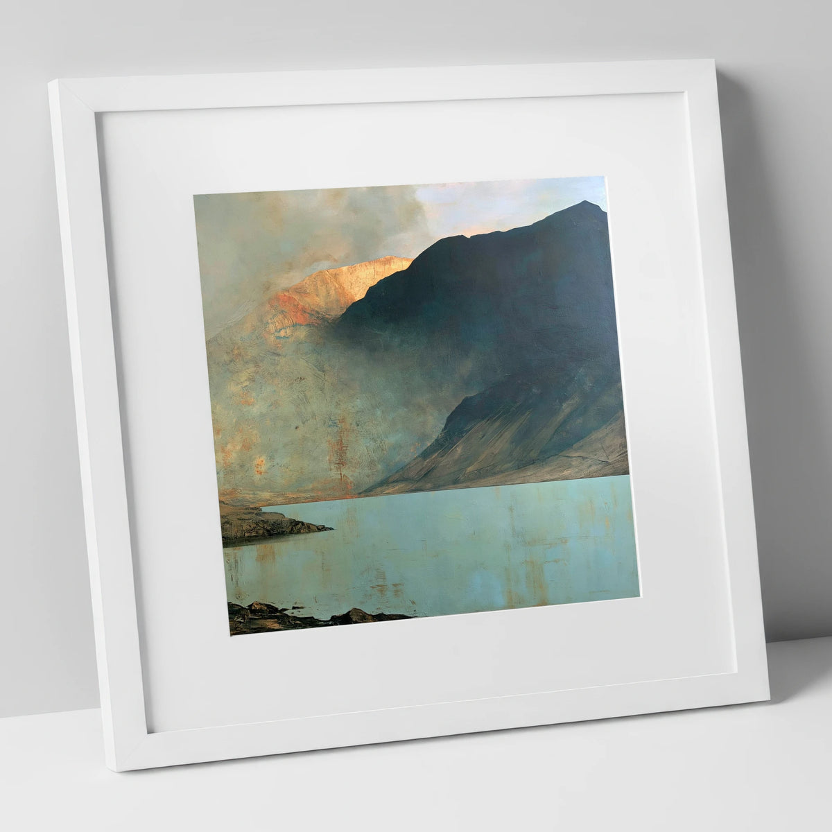 Wastwater Screes in Golden Light lake district lake art print in white frame