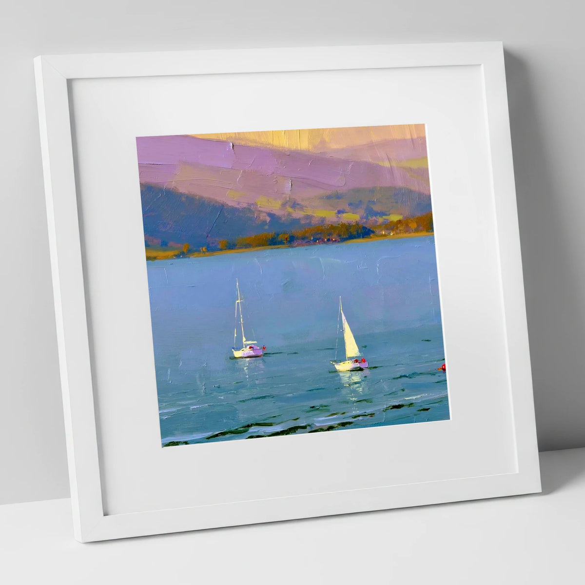 Windermere Sailboats against Lavender Fells lake district lake art print in white frame