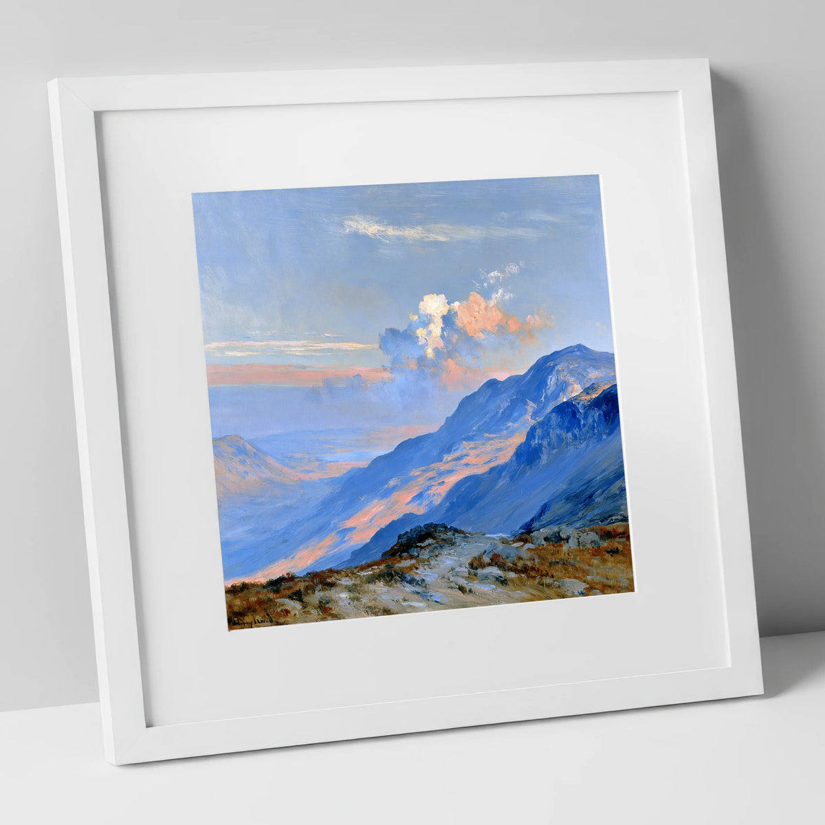 Sunlit Summit Over Blue Fells lake district fell art print in white frame