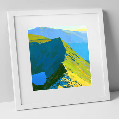 Dramatic Sunlight on Striding Edge lake district walking art print in white frame