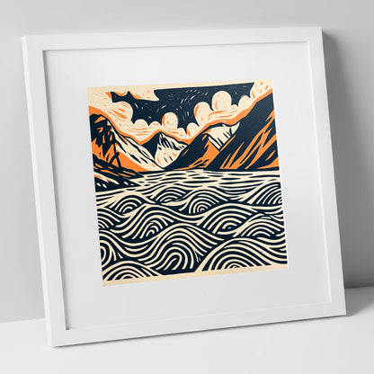 Wastwater in Navy and Terracotta lake district lake art print in white frame