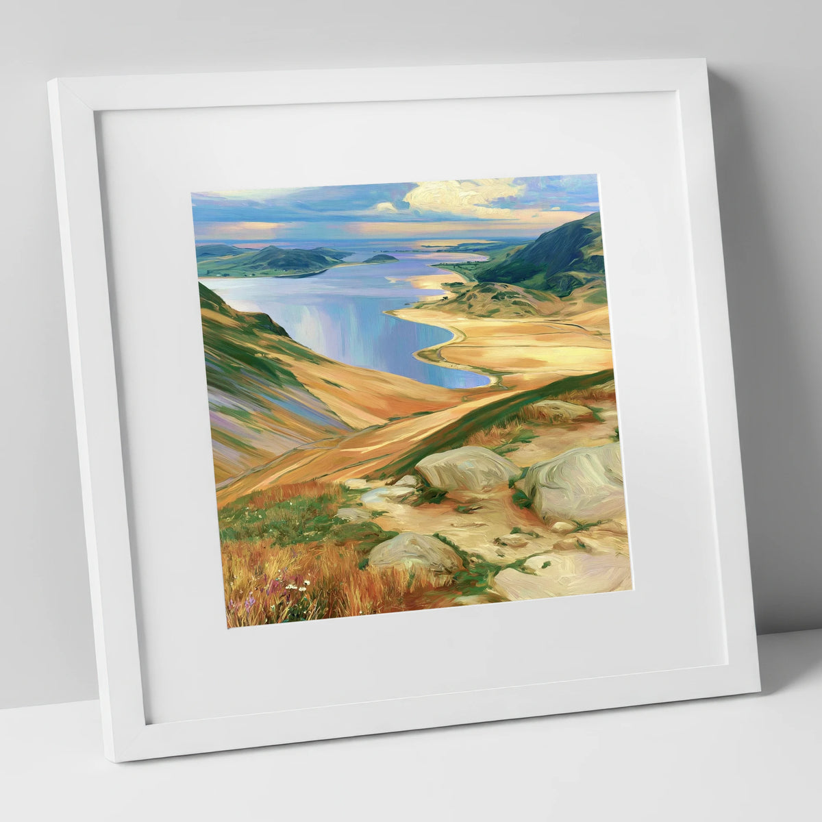 Vibrant Summit View over Water lake district fell art print in white frame