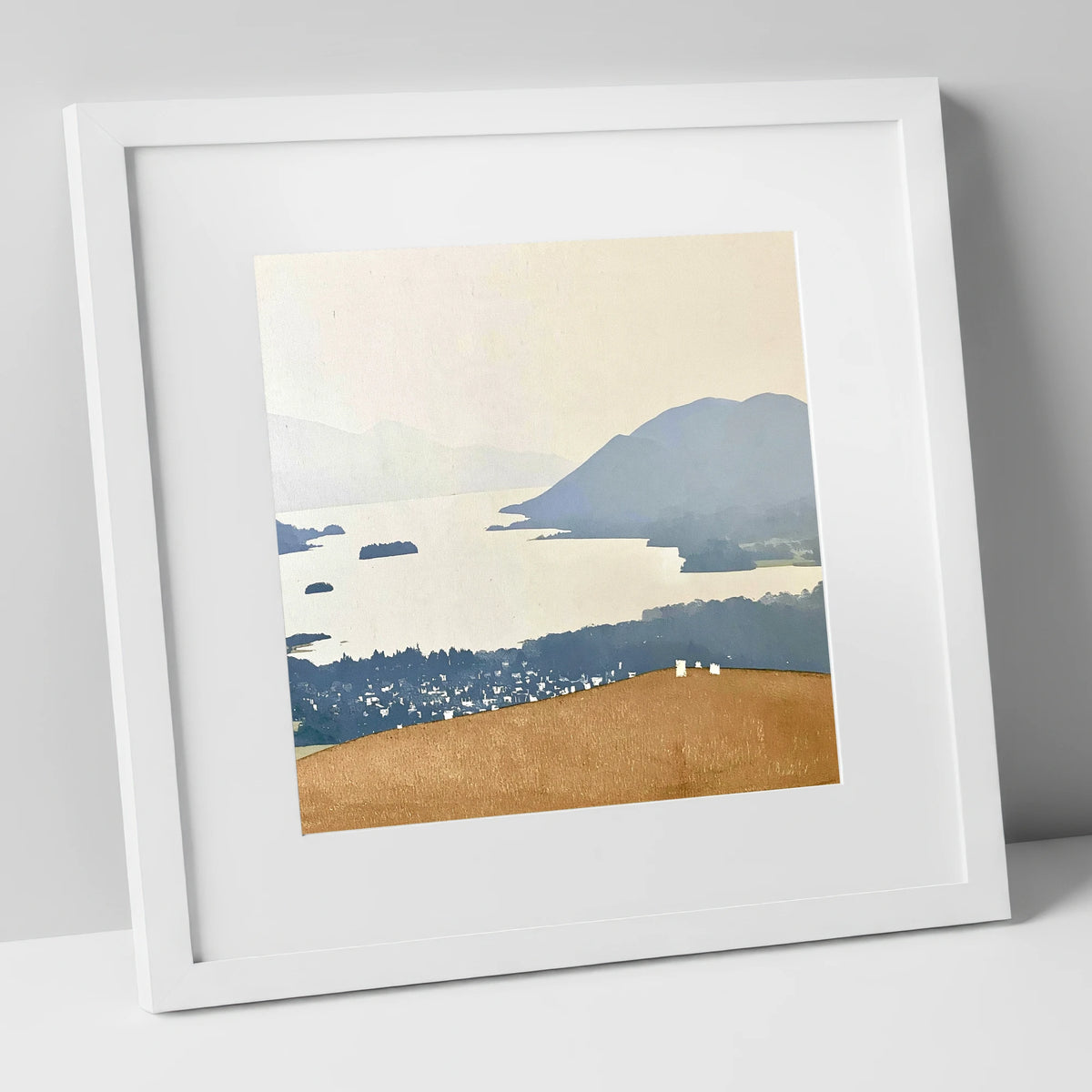 Misty Derwentwater from Latrigg lake district village art print in white frame