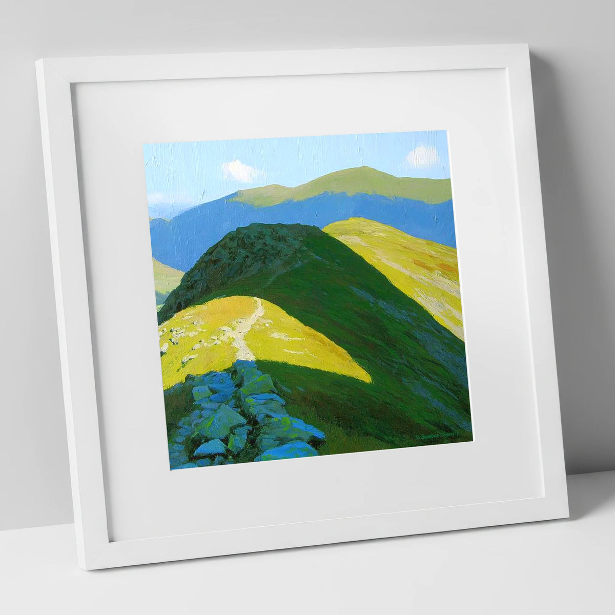 Sunlit Ridge to Cold Pike lake district fell art print in white frame