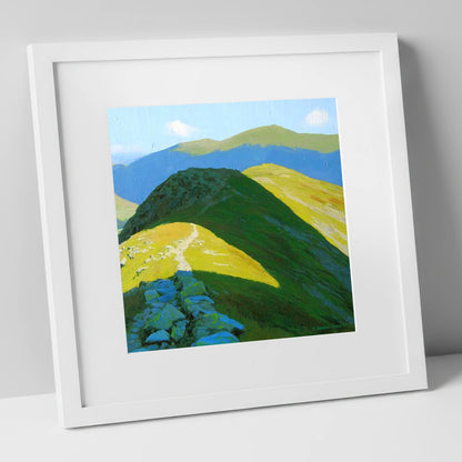 Sunlit Ridge to Cold Pike lake district fell art print in white frame