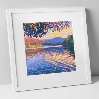 Golden Ripples on Esthwaite Water lake district village art print in white frame