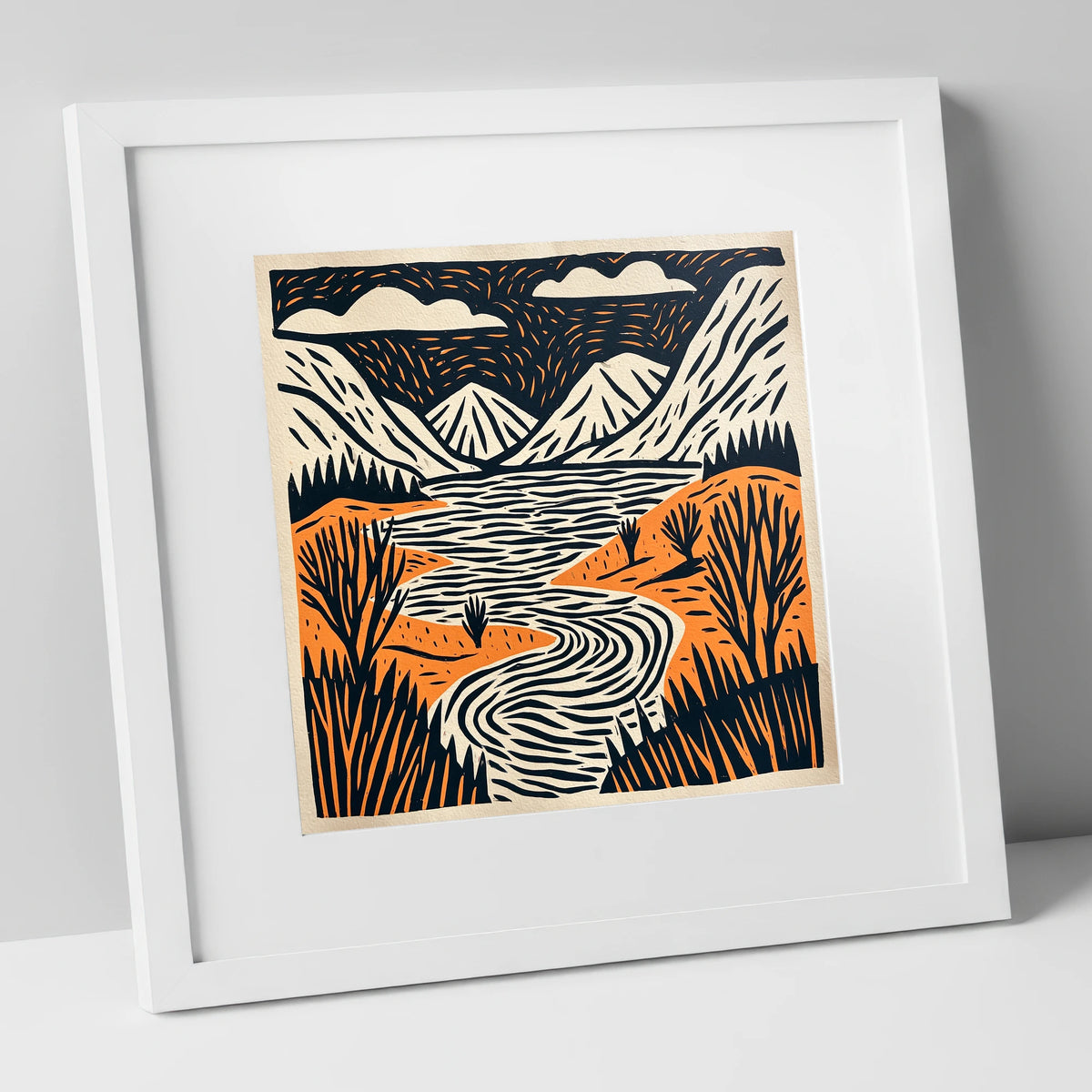 Bold Fells and Winding River lake district lake art print in white frame