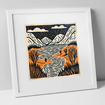 Bold Fells and Winding River lake district lake art print in white frame