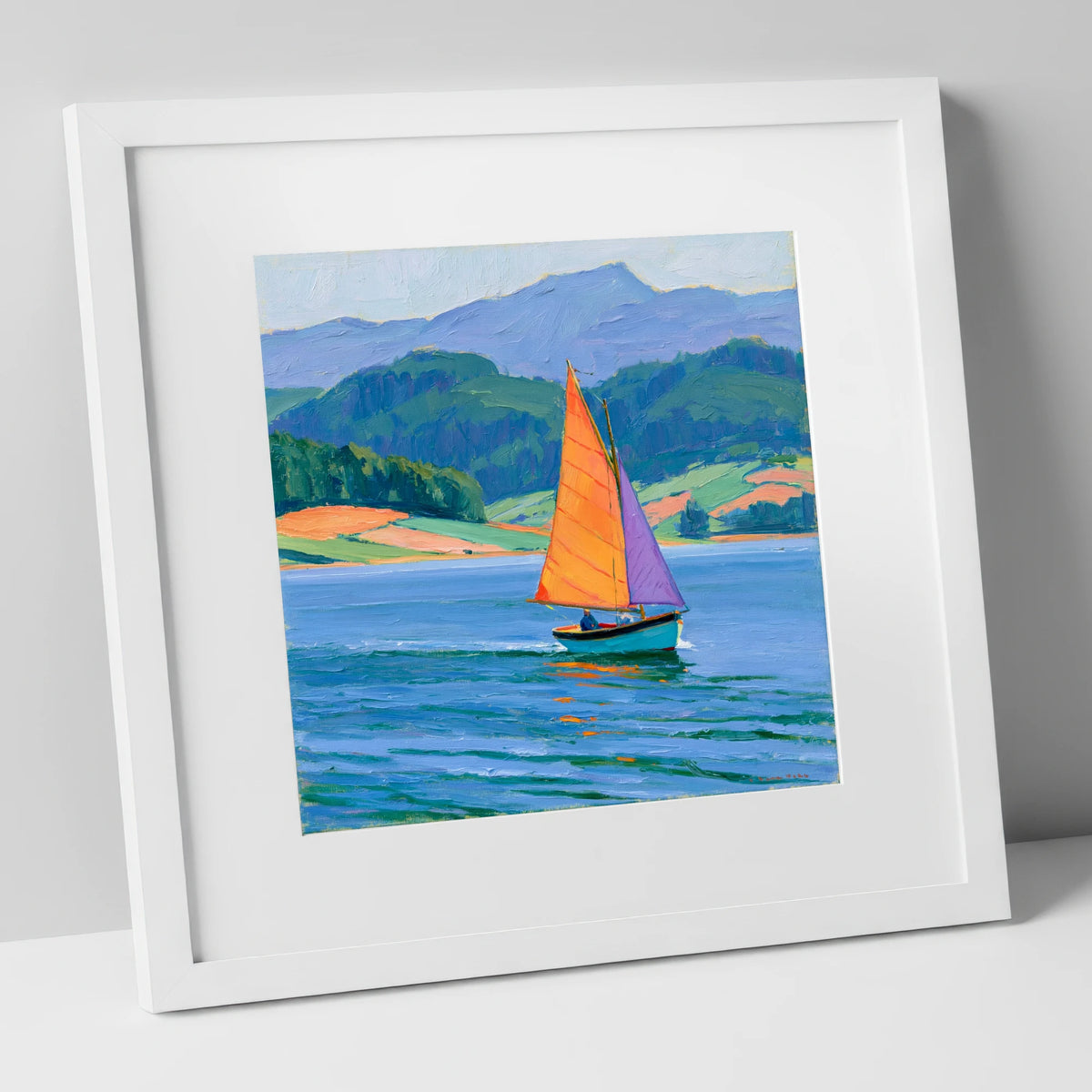 Sailing Boat on Breezy Lake lake district walking art print in white frame