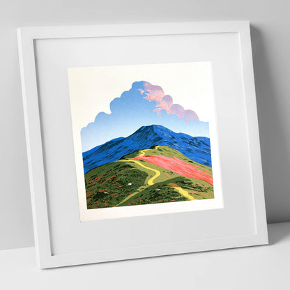 Yellow Path Over Rolling Fells lake district fell art print in white frame