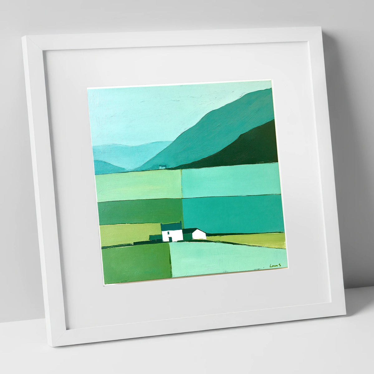 Grasmere Valley in Teal and Mint lake district lake art print in white frame