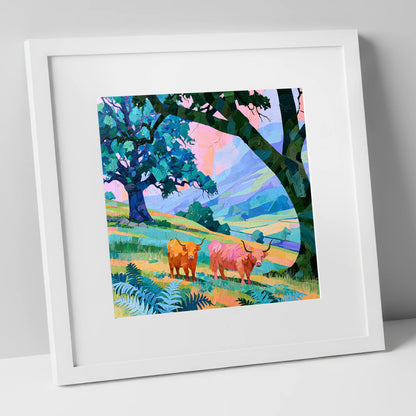 Vibrant Highland Cattle Beneath Fells lake district wildlife art print in white frame