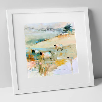 Contemporary Herdwick Sheep on Fellside lake district wildlife art print in white frame