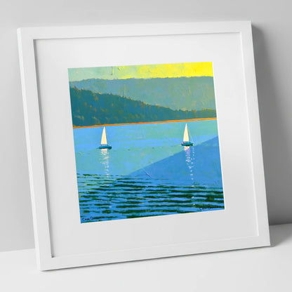 Windermere Sailboats in Bold Blue lake district lake art print in white frame