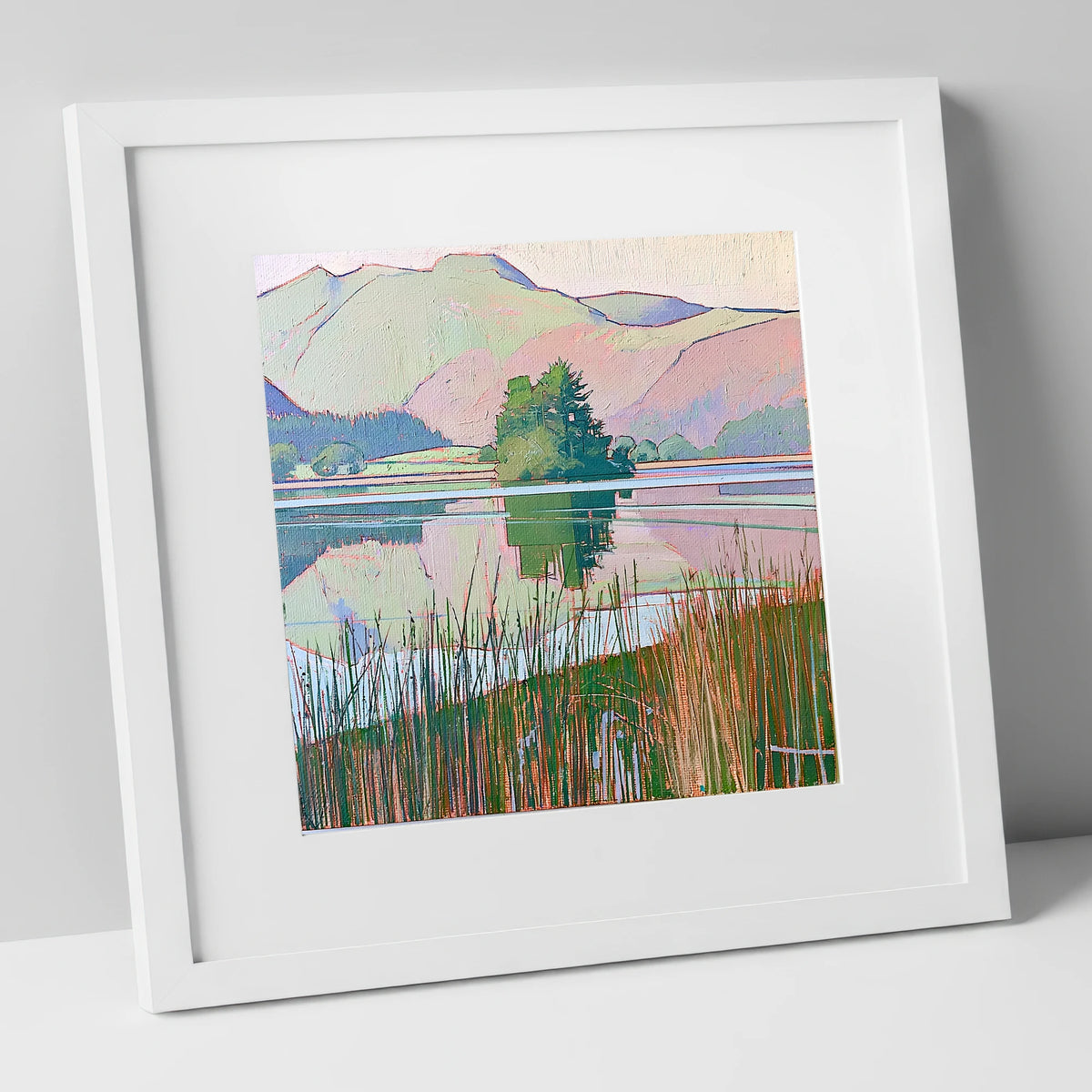 Grasmere Island Through Tall Reeds lake district lake art print in white frame