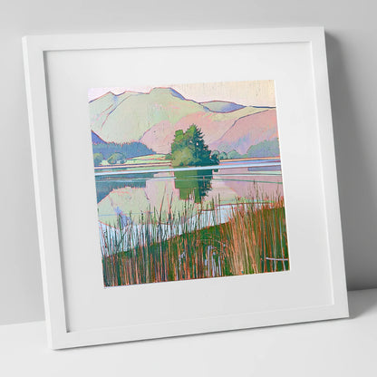 Grasmere Island Through Tall Reeds lake district lake art print in white frame