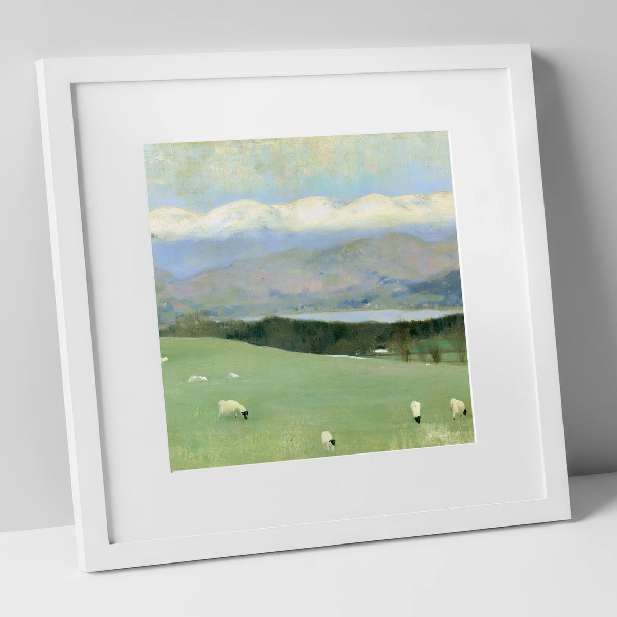 Hawkshead Pastures and Snow-Capped Fells lake district village art print in white frame